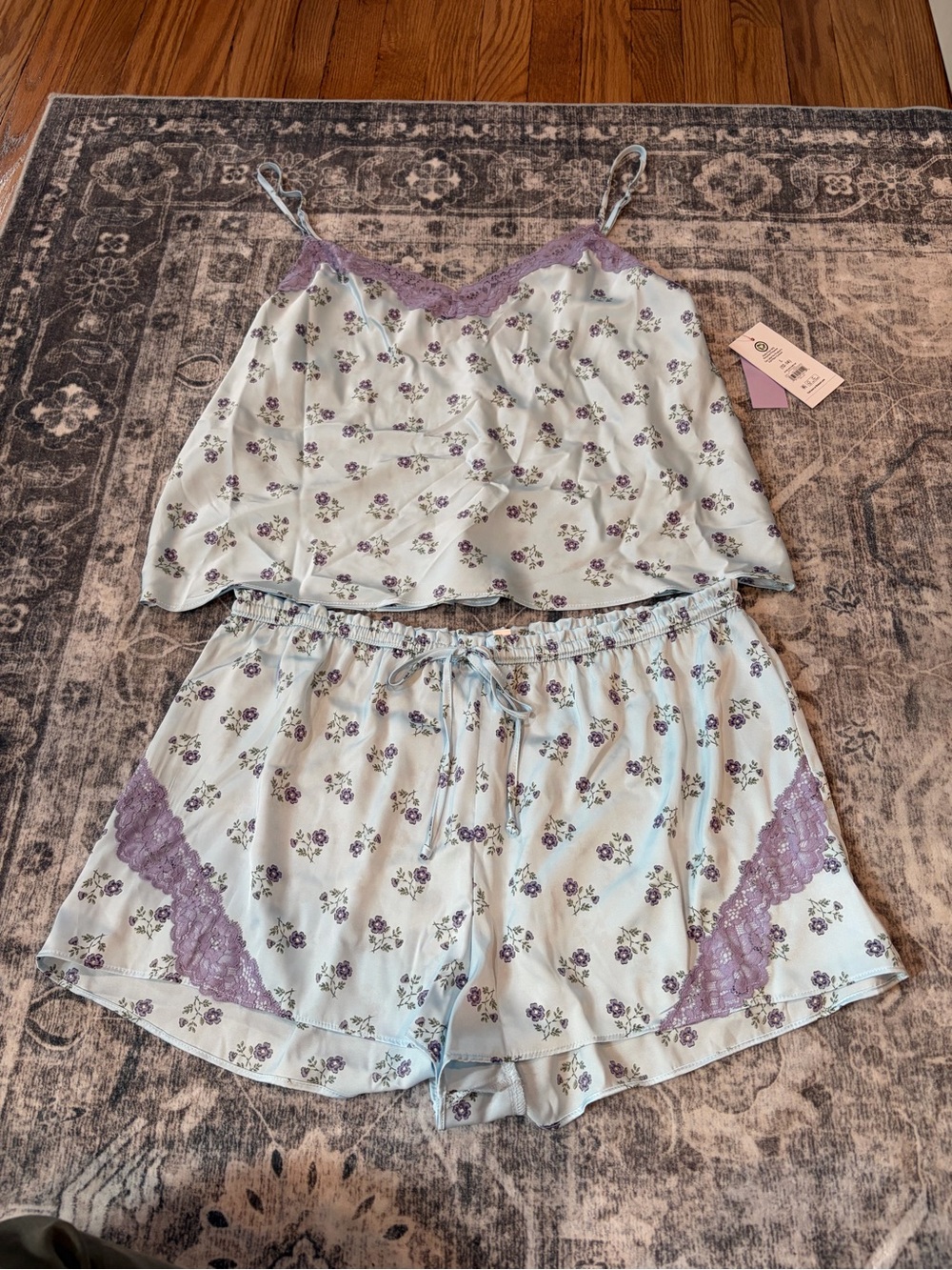 Women's Light Blue Floral Camisole & Short Pajama Set with Lavender Lace